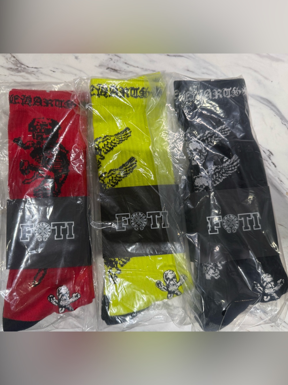 Chrome Hearts Men's Crew Socks - Red, Neon Yellow, and Black
